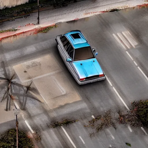 Image similar to hyperrealistic detailed, aerial photography, a number of car, dust, humus, wet street, graffiti on wall, trash scattered everywhere, abandoned car garage, 8 k, uhd, after rain, cinematic lighting, incrinate, wet after rain