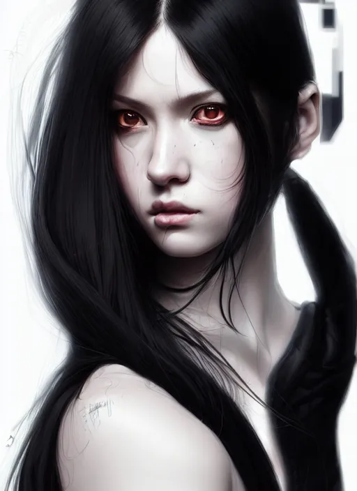 Image similar to portrait of long black hair girl within a streetwear. cynical face, concept art, cyberpunk illustration, intricate, highly detailed 8 k, smooth, matte, sharp focus, rim light, beautiful and aesthetic shape of face and body, artgerm, artstation, art by gharliera and rinotuna and junpei