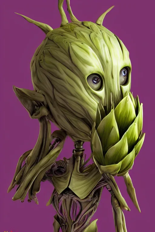 Image similar to a humanoid figure alien with an artichoke for a head, highly detailed, digital art, sharp focus, trending on art station, anime art style