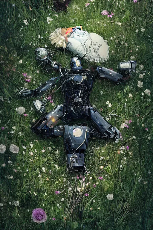 Image similar to a fancy portrait of a broken robot laying in the meadow covered in plants by greg rutkowski, sung choi, mitchell mohrhauser, maciej kuciara, johnson ting, maxim verehin, peter konig, bloodborne, 8 k photorealistic, cinematic lighting, hd, high details, dramatic, dark atmosphere, trending on artstation