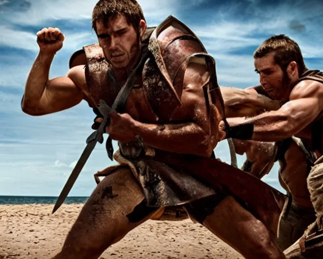 Image similar to spartan sprinting on australian beach, epic award winning action cinematic still from the movie 3 0 0, noon lighting, unarmed