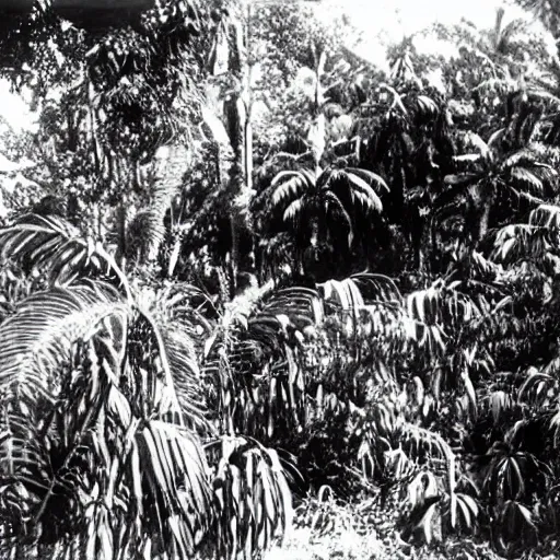 Image similar to a rizom lost film footage of a sacred ( ( ( indigenous ) ) ) artifact in the middle of the ( ( ( ( ( ( ( ( ( ( tropical jungle ) ) ) ) ) ) ) ) ) ) / ethnographic object / film still / cinematic / enhanced / 1 9 0 0 s / black and white / grain