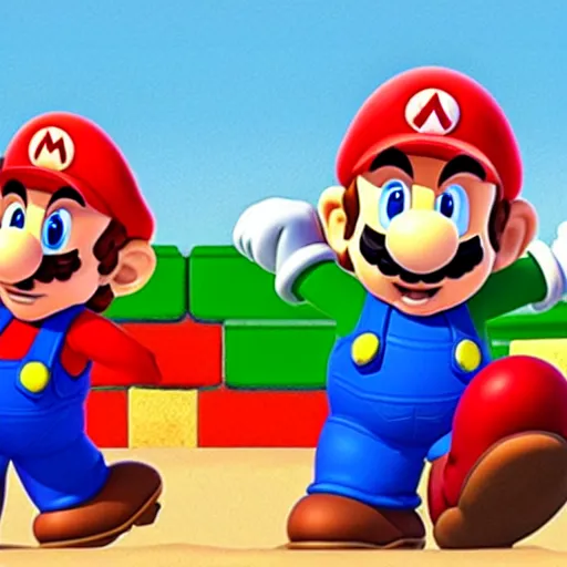 Image similar to mario and luigi on the beach eating beans, the sun setting in the background