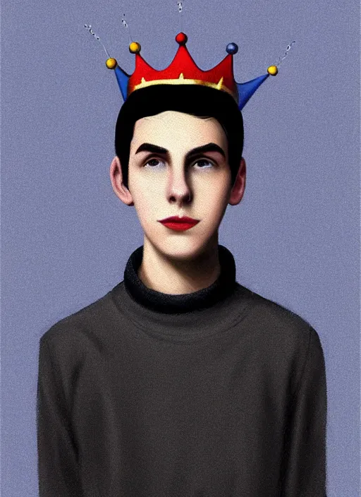 Image similar to portrait of teenage jughead jones wearing a light grey crown, crown, blue turtleneck, 1 9 5 0 s, closed eyes, photorealistic, black hair, glowing lighting, intricate, elegant, glowing lights, highly detailed, digital painting, artstation, concept art, smooth, sharp focus, illustration, art by wlop, mars ravelo and greg rutkowski