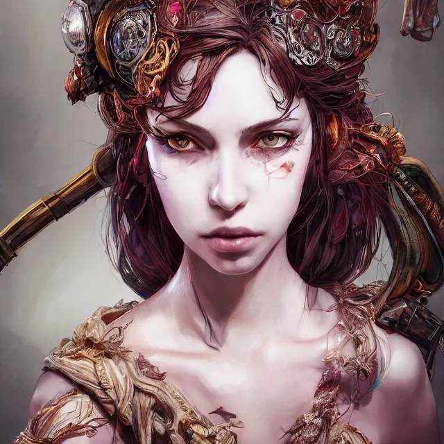 Image similar to the portrait of chaotic neutral female rogue as absurdly beautiful, gorgeous, elegant, innocent young woman, an ultrafine hyperdetailed illustration by kim jung gi, irakli nadar, intricate linework, bright colors, octopath traveler, final fantasy, unreal engine 5 highly rendered, global illumination, radiant light, detailed and intricate environment