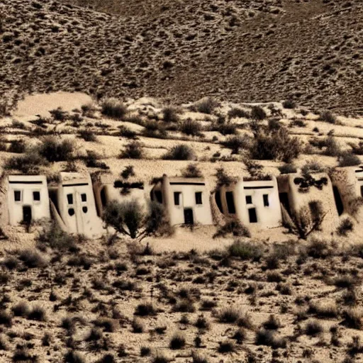 Prompt: desert with white clay houses by greg ritkowski