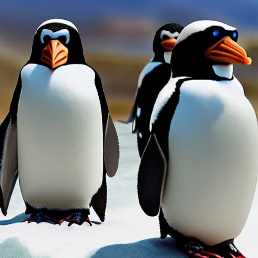 Image similar to planet of the apes but the apes are replaced with robot penguins 4k realistic intricate