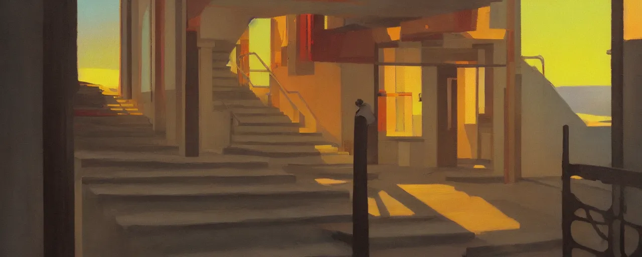 Image similar to A simplistic oilpainting of neo brutralism, a long stairway up, concept art, colorful, vivid colors, sunrise, warm colors, light, strong shadows, reflections, cinematic, 3D, in the style of Akihiko Yoshida and Edward Hopper