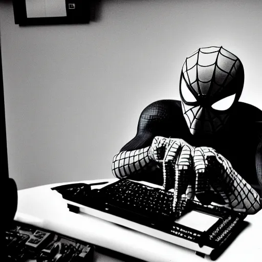 Image similar to spiderman sat at a desk playing games on a computer, 3 5 mm film photograph