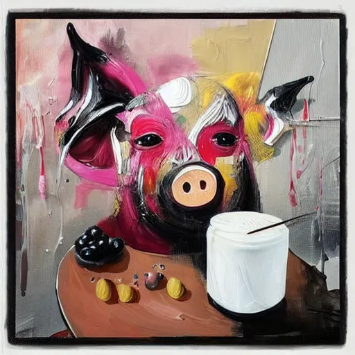 Image similar to “ a portrait in a female art student ’ s apartment, sensual, a pig theme, art supplies, paint tubes, ikebana, herbs, a candle dripping white wax, black walls, squashed berries, berry juice drips, acrylic and spray paint and oilstick on canvas, surrealism, neoexpressionism ”