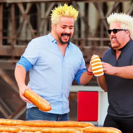 Prompt: stock image guy holding hot dog over a bridge with guy fieri