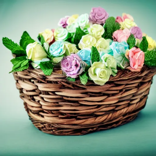 Prompt: beautiful and bright advertising, photography of a package of handmade mint chocolate scented soap blocks, wrapped in ribbons, sitting in a basket of flowers, studio quality, hdr 8 k photograph