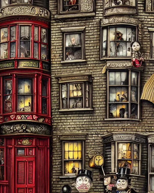 Image similar to highly detailed closeup, portrait of a tin toy victorian london streets, hyper realistic, artstation, illustration, nicoletta ceccoli, mark ryden, lostfish, dan decarlo, bob clampett, max fleischer, digital paint, matte paint, vivid colors, detailed and intricate environment