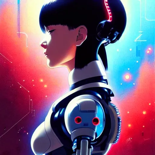 Image similar to side portrait scifi cyborg girl with robotic parts and spacesuit | | head only in center of image, audrey plaza, fine detail!! anime!! realistic shaded lighting!! poster by ilya kuvshinov katsuhiro otomo ghost - in - the - shell, magali villeneuve, artgerm, jeremy lipkin and michael garmash and rob rey