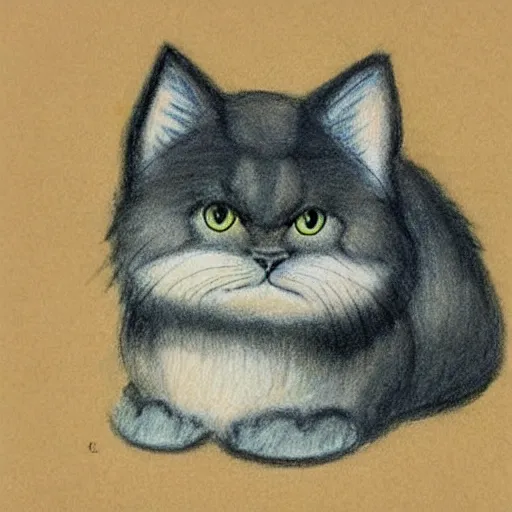 Image similar to chubby persian cat, drawing by Don Bluth, children's colored pencil drawing