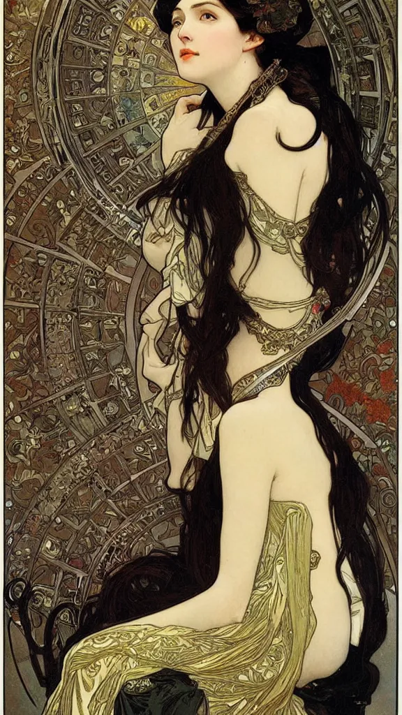 Prompt: portrait of a beautiful black haired woman with pale skin and a crown on her head sitted on an intricate metal throne, artwork by alphonse mucha