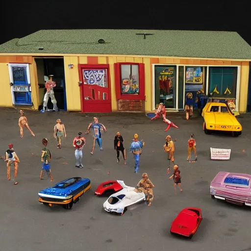 Image similar to 8 0's action figure playset of a trailer park with rednecks, realistic,