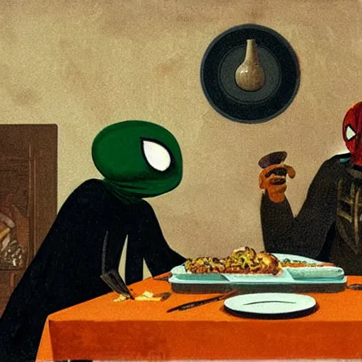 Image similar to Mysterio eating dinner with Spider-Man, artwork by Franz Sedlacek,