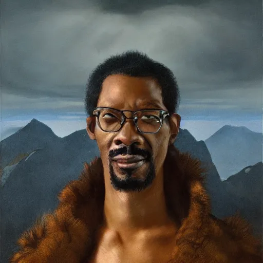 Image similar to Portrait Portrait of Pootie Tang the Guy emerging from poofy tigerskin coat whilst standing atop a cloud-covered mountain peak greg rutkowski dan witz paul klee andrew wyeth tom bagshaw stanton feng bastien lecouffe-deharme tombow oil painting