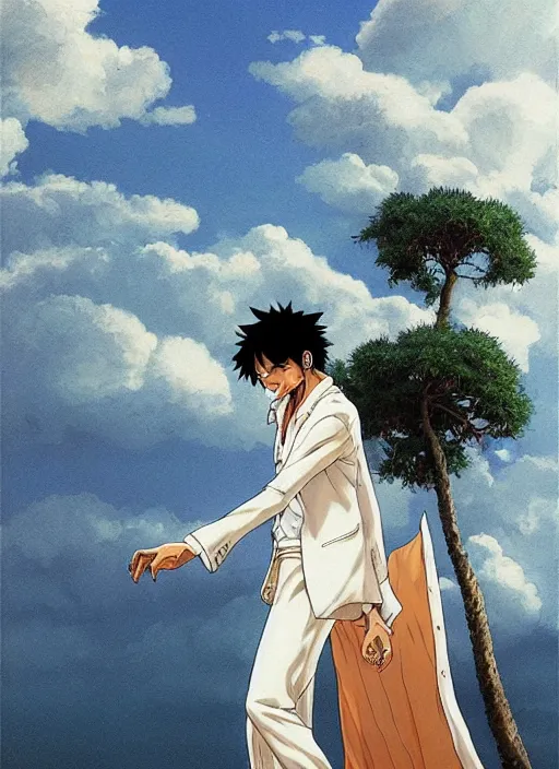 Prompt: Luffy wearing a white suit, candid shot, intricate, extremely detailed painting by Henry Justice Ford and by Greg Rutkowski and by Moebius, golden hour