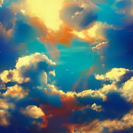 Prompt: puffy clouds made of chrome, james jean style, colourful, volumetric light,, dramatic light, analogue photo, vfx art, digital painting, digital illustration, unreal engine render,