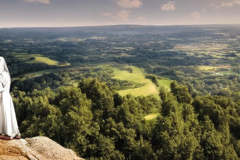 Image similar to a unique digital photo of jesus and mary magdalene standing on a cliff looking over a beautiful landscape in france, rennes - le - chateau, award winning photo, very detailed, very realistic cinematic