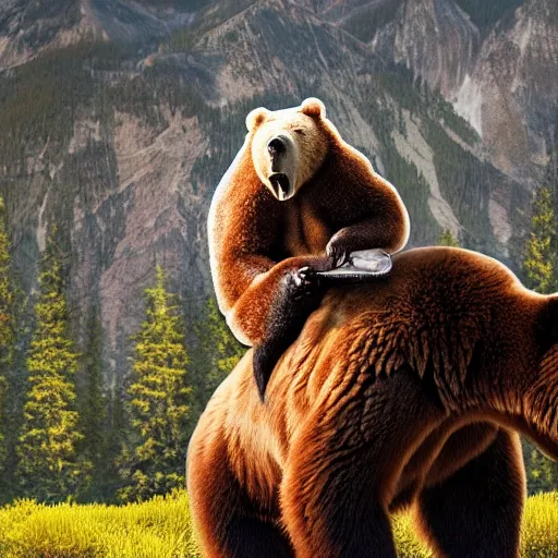 Image similar to the bob ross riding on the back of a brown bear, outdoor, hyperrealistic, shutterstock contest winner, digital art, national geographic photo