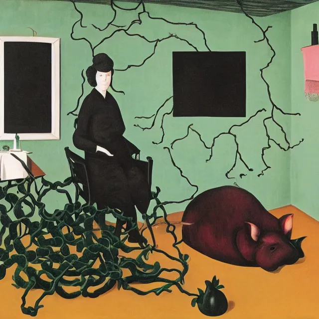 Prompt: a female pathology student in her apartment, wild berry vines, pig, black walls, ikebana, pear, snakes, black armchair, sculpture, acrylic on canvas, surrealist, by magritte and monet