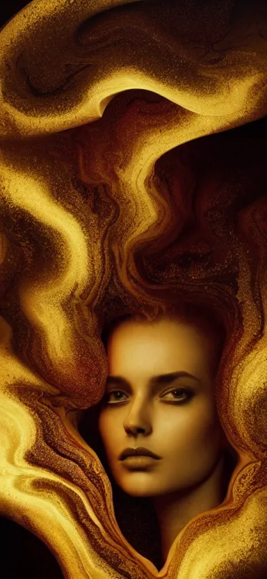 Image similar to epicillustration, abstract sculpture of beautiful female face and black swirling liquifying acrylic portrait, fluffy clouds, glowing edges, golden hour, beautiful light, 3 d sculpture of carving marble, dark colors, dark mood, one point light, golden spirals, clockwork, epic matte painting, concept art, digital painting