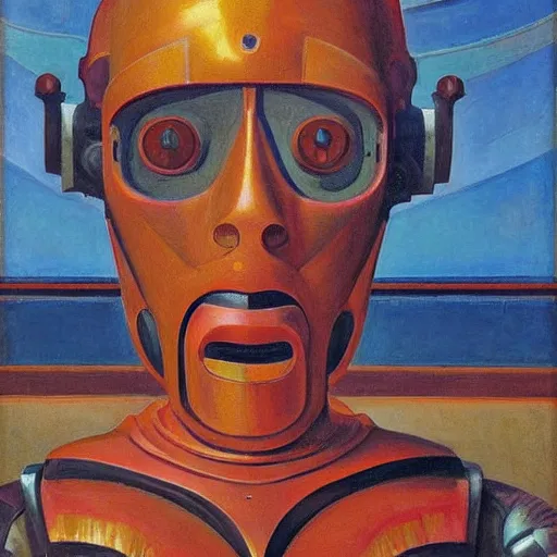 Prompt: the robot wearing her human mask, by prudence heward and donato giancola and nicholas roerich, symbolist, dramatic lighting, elaborate geometric ornament, art brut, god rays, soft cool colors, smooth, sharp focus, extremely detailed