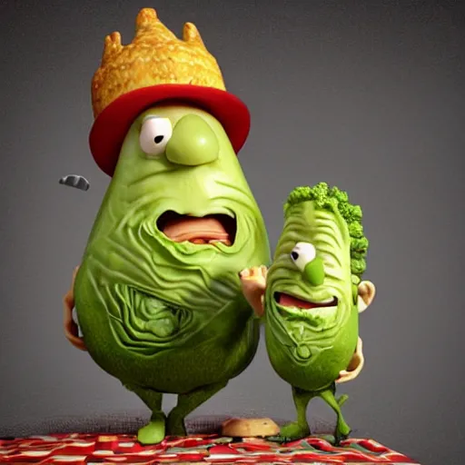 Prompt: cabbage character and king with crown, cooking pizza in a wood fired oven, highly detailed 3 d render, funny, pixar