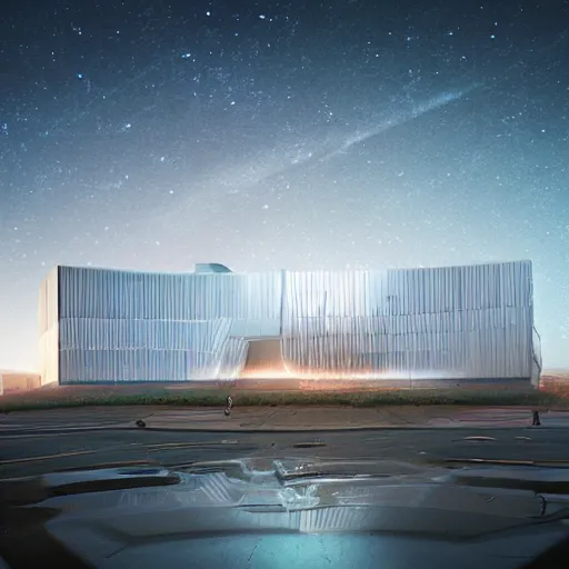 Image similar to Big atom research science building by Beeple and Petros Afshar, high res, award winning