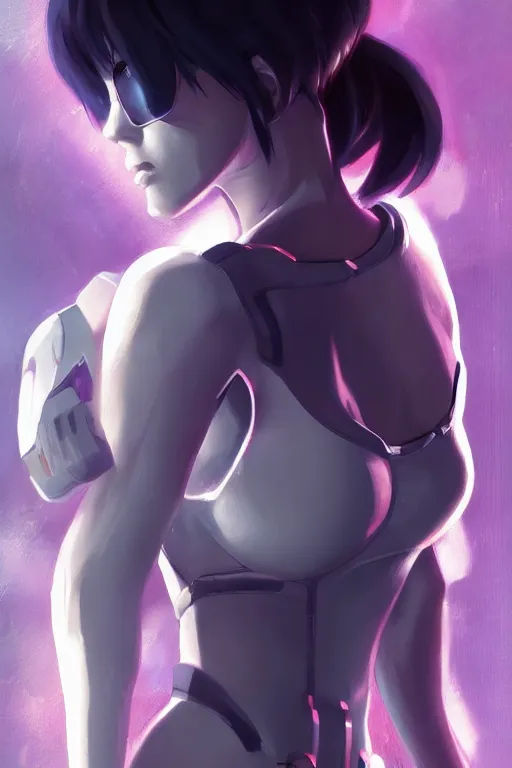 Image similar to a still fullbody portrait of motoko kusanagi ghost in the shell, finely detailed features, closeup at the faces, perfect art, at a cyberpunk city, gapmoe yandere grimdark, trending on pixiv fanbox, by ilya kuvshinov, rossdraws, artgerm