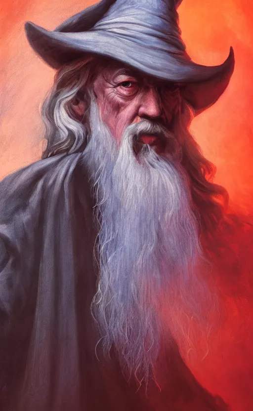 Image similar to a beautiful portrait painting of gandalf, by diego velazquez, beautiful composition and structure, high contrast, high saturation, vivid ember colors, cross hatching featured on artstation, shading study, lighting study, studio lighting, pipe smoke, volumetric fog, artistic, cinematic, backlight, rim light, portrait study