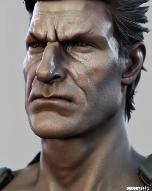 Image similar to solid snake bust portrait, cinematic lighting, backlit face, tired expression, close - up, black atmospheric background, 4 k ultra detailed photorealistic render, best of artstation hdr, redshift houdini