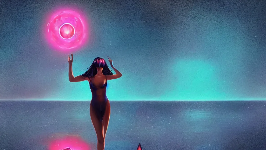 Image similar to a beautiful whimsical woman standing in a lake bathing in the moonlight, underneath a multi-colored binary blackhole with an accretion disc, tracers, by Lois van Baarle, by Greg Rutkowski, by artgerm, by beeple, cinematic angle, volumetric lighting, 4k resolution, octane render, trending on artstation, masterpiece