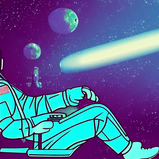 Image similar to an astronaut lounging in a tropical resort in space in a vaporwave style