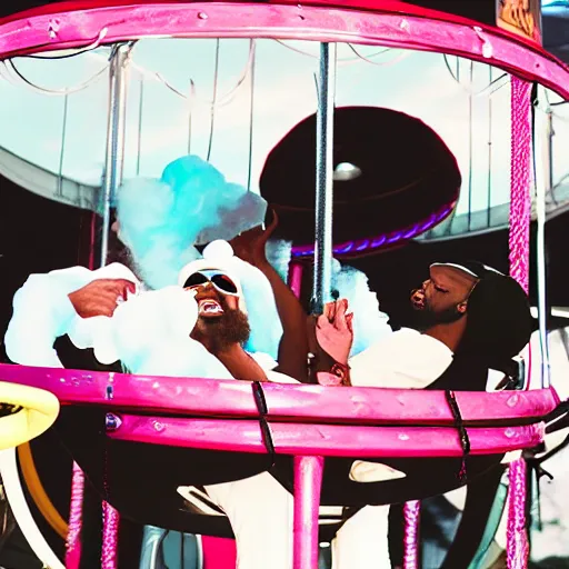 Prompt: death grips riding tilt - a - whirl at a carnival, eating cotton candy, mc ride, zach hill, andy morin,