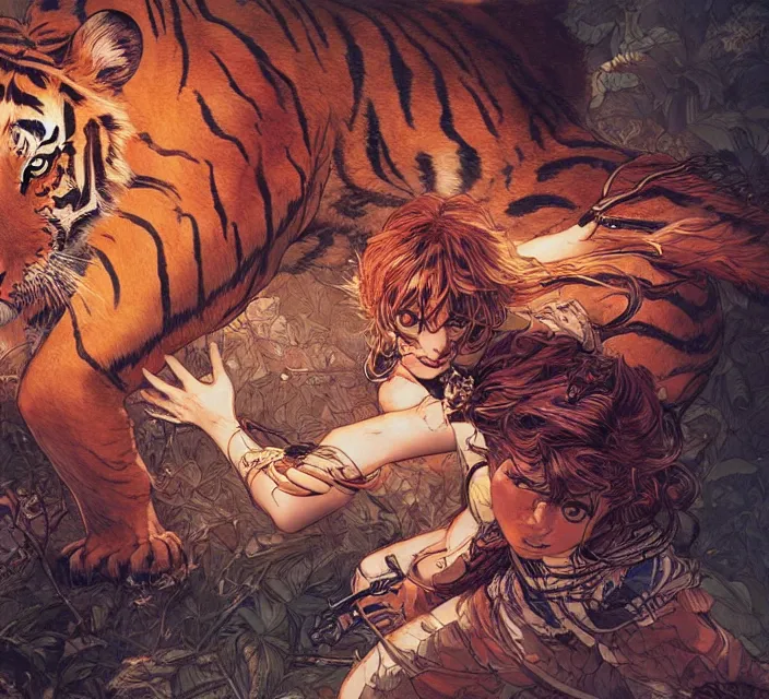 Image similar to a girl fighting a tiger, full shot, visible face, ambient lighting, detailed, art by ayami kojima, makoto shinkai, kilian eng