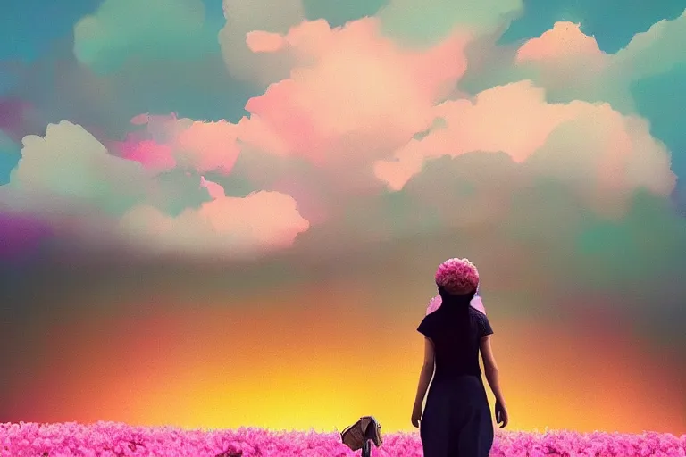 Prompt: giant dahlia flower on the head, girl walking on mountain, surreal photography, pink storm clouds, dramatic light, impressionist painting, digital painting, artstation, simon stalenhag