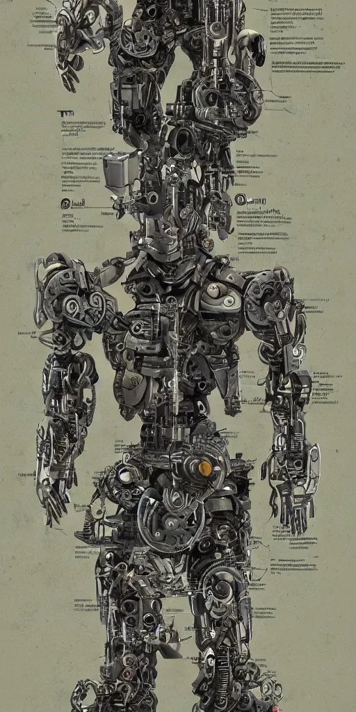 Image similar to anatomy of the terminator, robot, cyborg, t100, diagrams, mystical, intricate ornamental tower floral flourishes, technology meets fantasy, map, infographic, concept art, art station, style of wes anderson