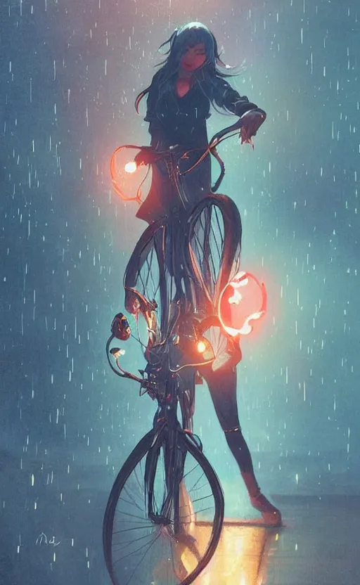 Image similar to a beautiful illustration of a woman riding a bicycle in a rainy night, fiery particles, anime aesthetic, midnight theme, depth of field, bokeh, composition study, featured on artstation, by art by artgerm and greg rutkowski and alphonse mucha, vertical orientation