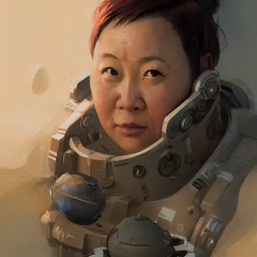 Image similar to a space colonist from china, female, chubby, brilliant and uptight, sci fi character portrait by Greg Rutkowski, Craig Mullins