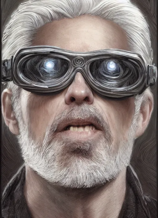 Prompt: a ruggedly handsome young man with white hair and safety goggles, intricate, elegant, highly detailed, centered, digital painting, artstation, concept art, smooth, sharp focus, illustration, art by todd lockwood and donato giancola and Joseph Christian Leyendecker