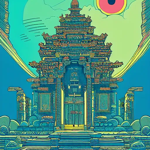 Image similar to highly detailed illustration of a temple on a strange planet, featured in juxtapoz magazine, featured in behance, by kilian eng, by thomas rome