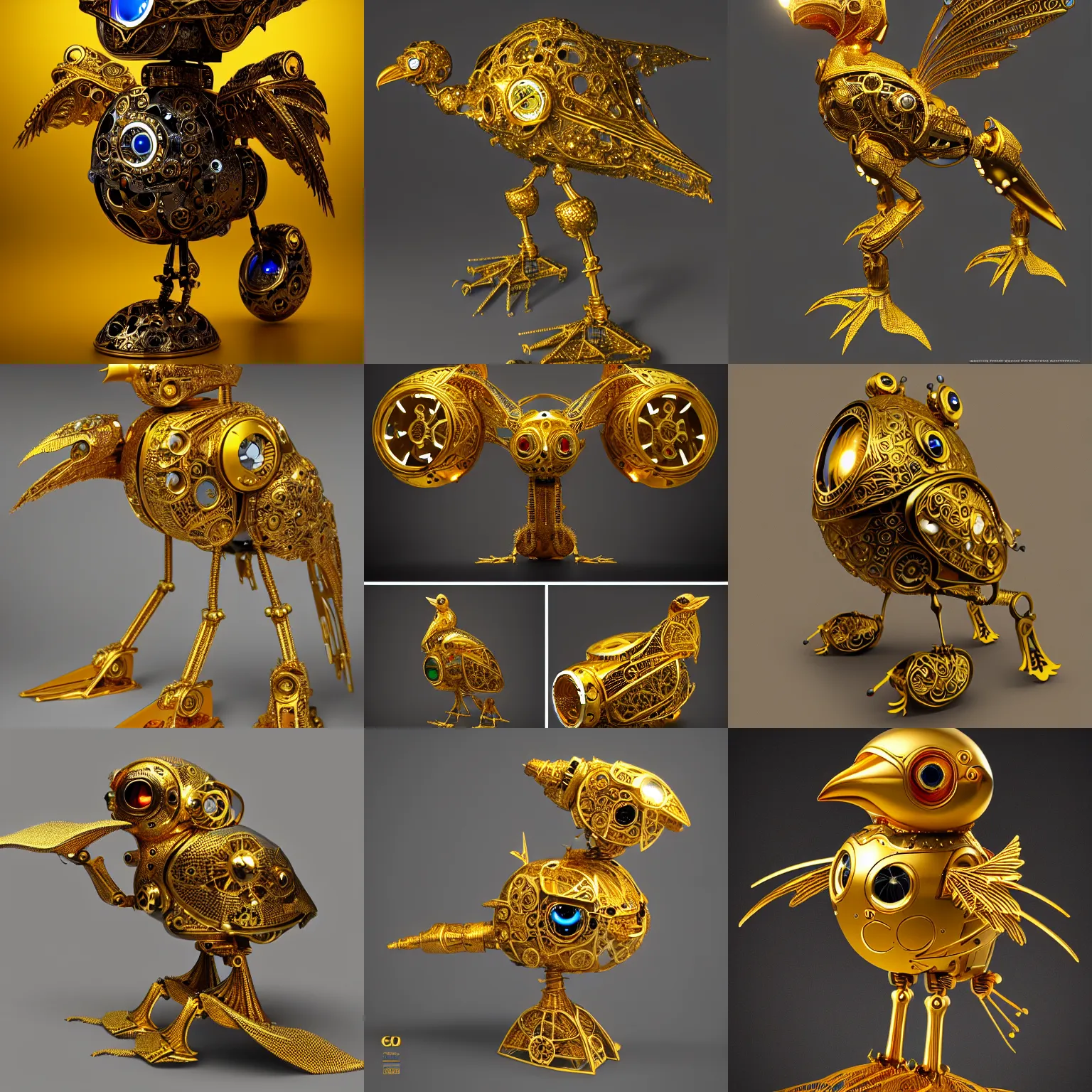 Prompt: hollow gold filigree bird robot, with a bright gemstone inside it. visible clockwork, bright internal light, detailed 8 k, fantasy, award - winning photography trending on artstation, cgsociety, deviantart