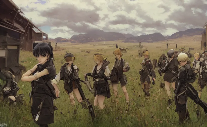 Image similar to panoramic view, girl, soldier clothing, battlefield in background, anime style, short hair, hair down, realistic anatomy, symmetrical facial features, from arknights, hyper realistic, 4 k, rule of thirds, extreme detail, detailed drawing, safebooru, realistic lighting, by alphonse mucha, greg rutkowski, sharp focus, backlit