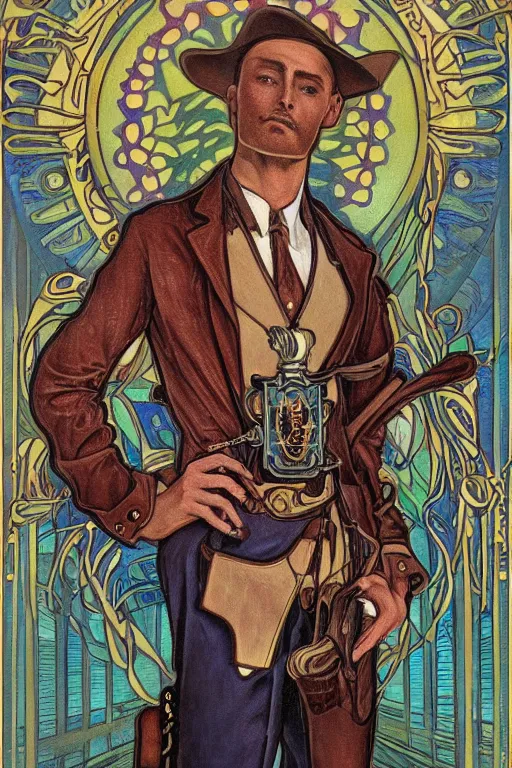 Prompt: a dramatic ethereal epic symmetrical painting of a handsome villainous cowboy standing in front of a train locomotive. his shirt is unbuttoned and he has a pocketwatch. tarot card, art deco, art nouveau, ( steampunk ), homoerotic, realistic. by louis comfort tiffany and alphonse mucha. trending on artstation