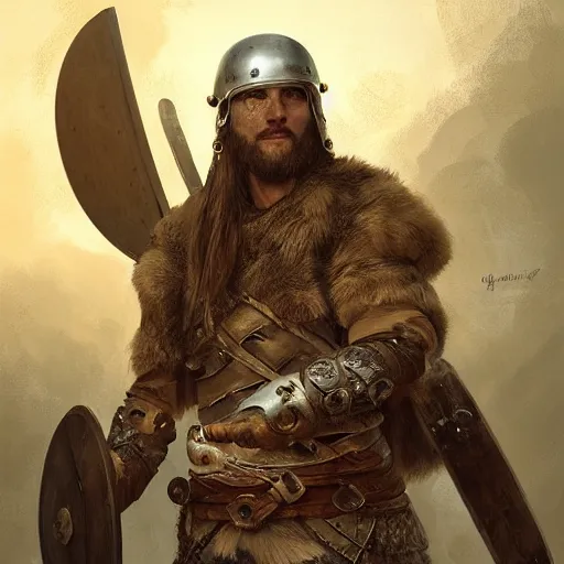 Image similar to a portrait painting of a viking warrior wearing a helmet, digital painting, hyper realistic, nordic mythology, full of details, in the style if greg rutkowski,