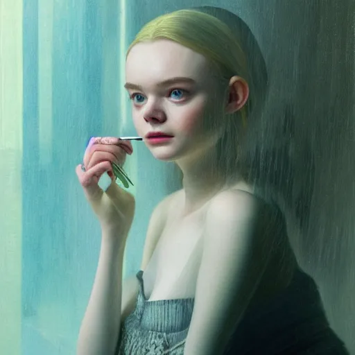 Prompt: Elle Fanning lighting a cigarette in the world of Adam Wyeth, head and shoulders portrait, stormy weather, extremely detailed masterpiece, oil on canvas, low-key neon lighting, artstation, Blade Runner 2049, Roger Deakin’s cinematography, by J. C. Leyendecker and Peter Paul Rubens and Edward Hopper and Michael Sowa,